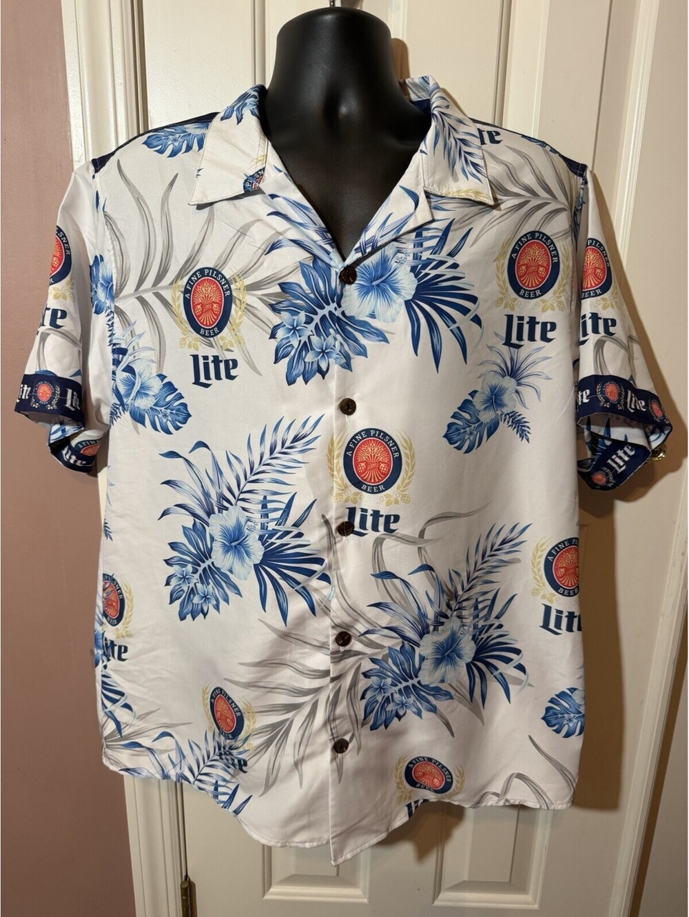 Miller Lite Authentic Hawaiian Shirt Mens Large Button Up Blue Floral 87